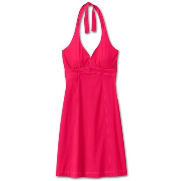 Athleta Pack Everywhere Halter Dress 12 Tall Barbie Pink Fit & Flared V Neck FF - Picture 1 of 11